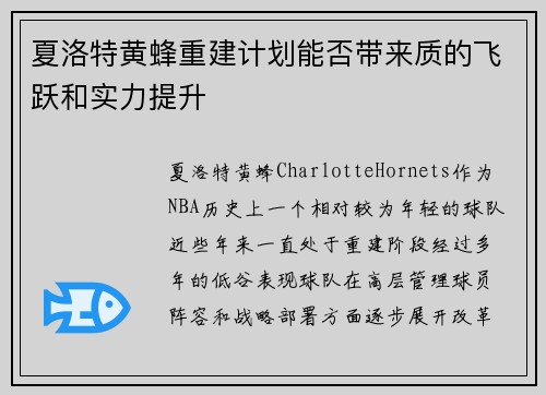 夏洛特黄蜂重建计划能否带来质的飞跃和实力提升